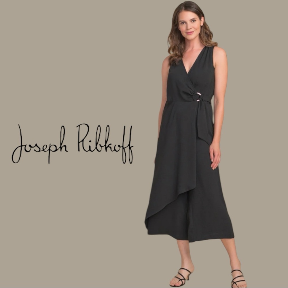 Joseph Ribkoff Black Wrap Wide Leg Jumpsuit Gold Ring Size 8